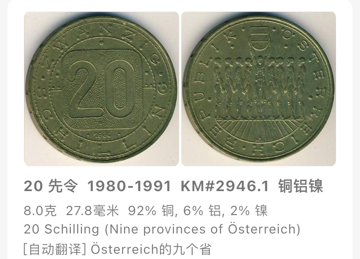 回流1215 较少 奥地利1980年20先令纪念币(九个联邦州首枚) 27.8mm