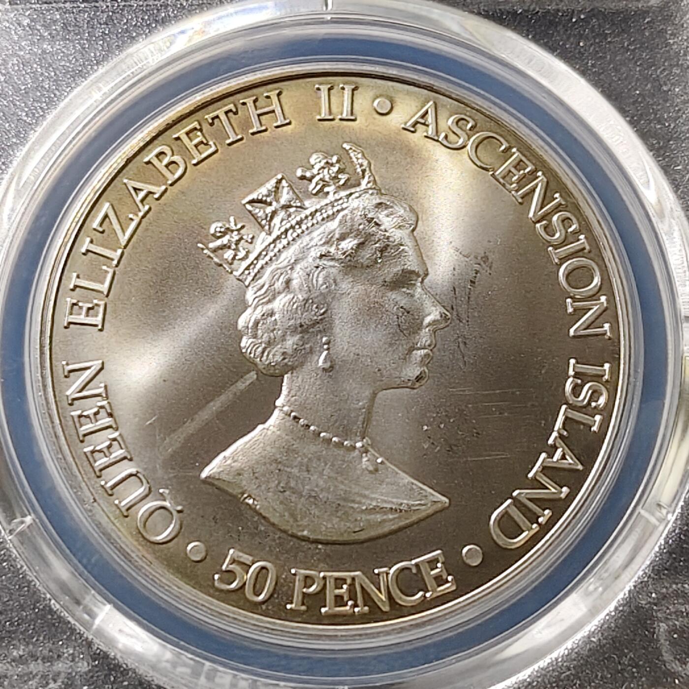 【全场包邮】纯粹捡漏拍487场（免费代拍第24场） 【收藏级·冠军分】阿松森群岛2000年50便士女王母亲伊丽莎白皇太后诞生100周年纪念币-PCGS MS67