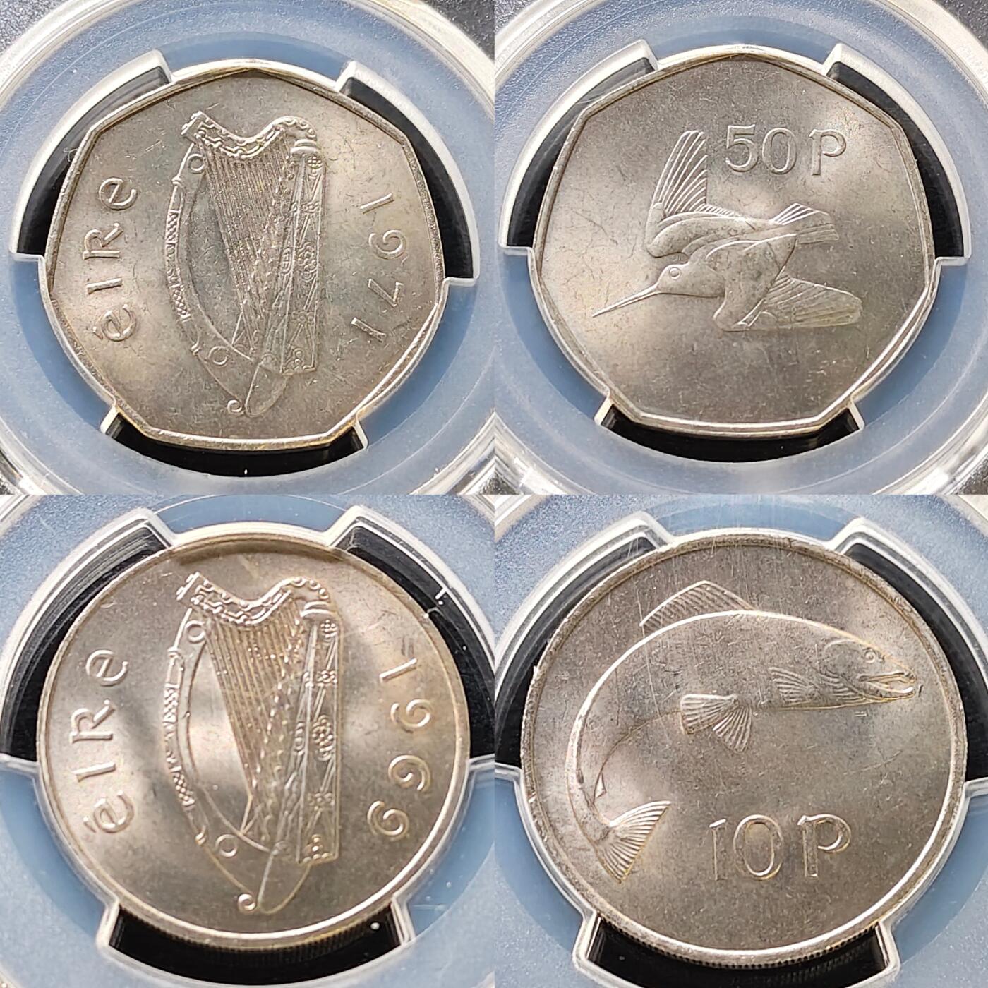 【全场包邮】纯粹捡漏拍487场（免费代拍第24场） 【收藏级·亚军分】爱尔兰1969/1971年10/50便士2枚一组-PCGS MS64（2枚均是亚军分，更高分各仅有1枚）