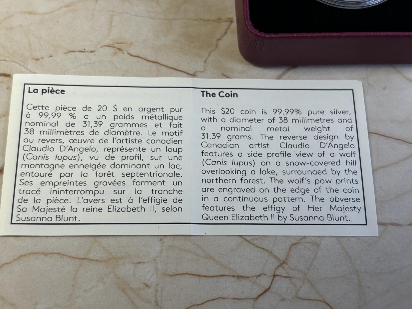 第186期拍卖 加拿大2018年大自然的印象系列3北美狼脚印银币，9999银，发行5500枚