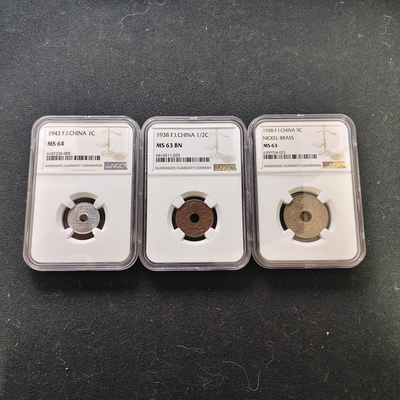 【全场包邮】纯粹捡漏拍487场（免费代拍第24场） 法属印支1938-1941年1/2分-1分-5分小面值3枚一组-1/2分MS63+1分MS64+5分MS63