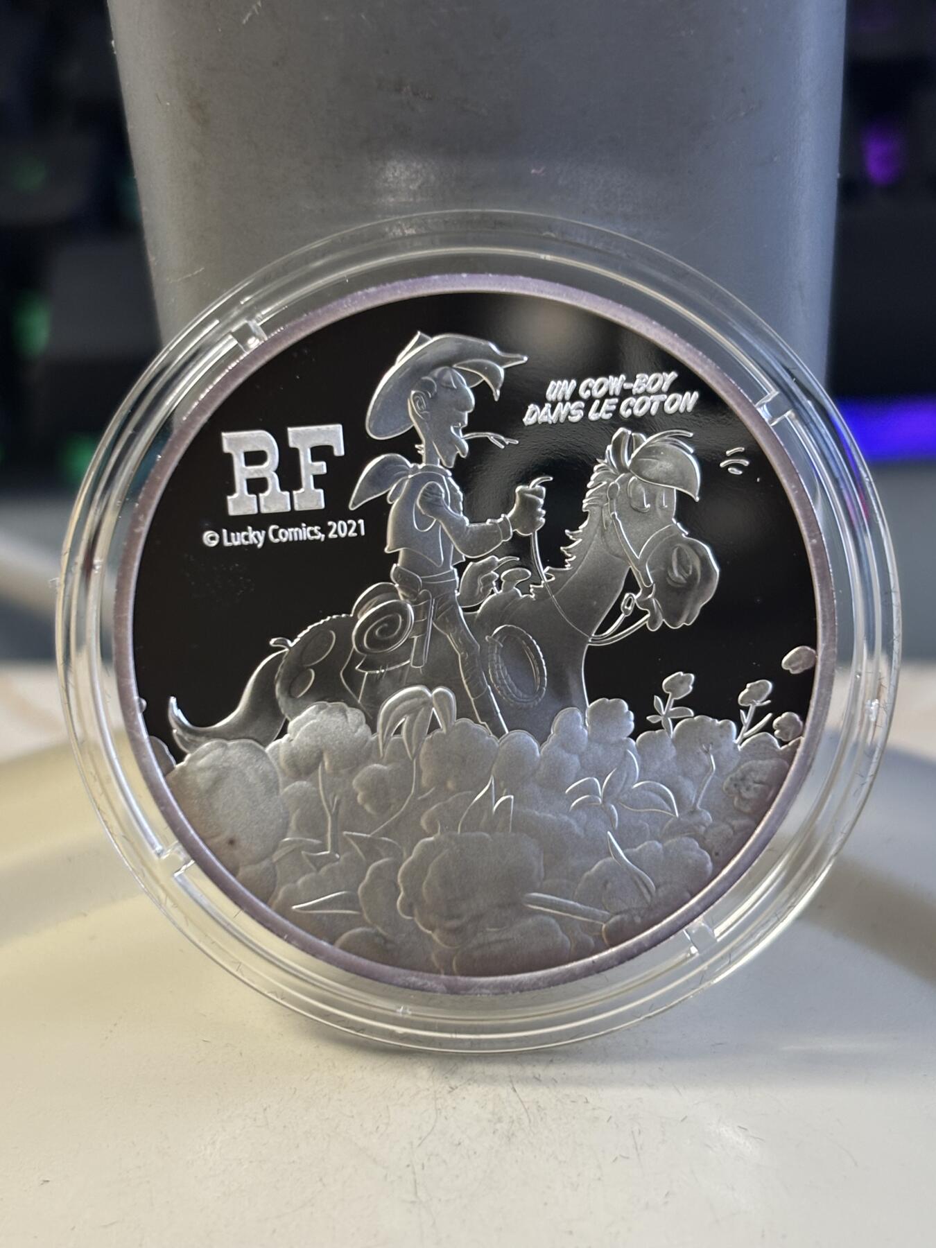 第186期拍卖 法国2021年幸运的路克75周年高棉牛仔10欧元纪念银币，999银，22.2克，发行3000枚，有氧化