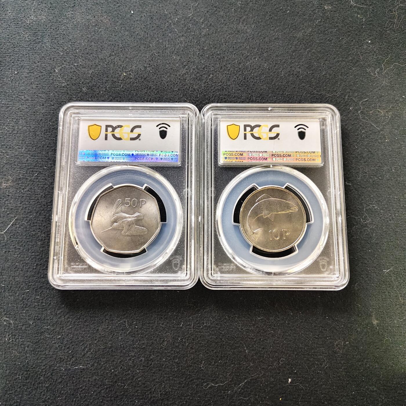 【全场包邮】纯粹捡漏拍487场（免费代拍第24场） 【收藏级·亚军分】爱尔兰1969/1971年10/50便士2枚一组-PCGS MS64（2枚均是亚军分，更高分各仅有1枚）