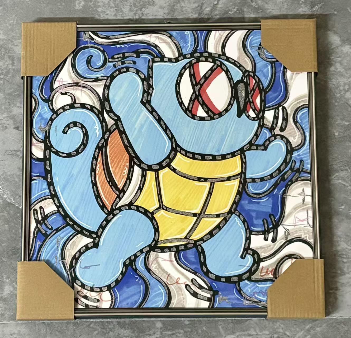 零元拍：歪歪 OWSON 系列作品装饰肌理画《宝可梦-杰尼龟》，相框尺寸35/35CM。因展品出展，镜框可能有轻微划痕，介意勿拍