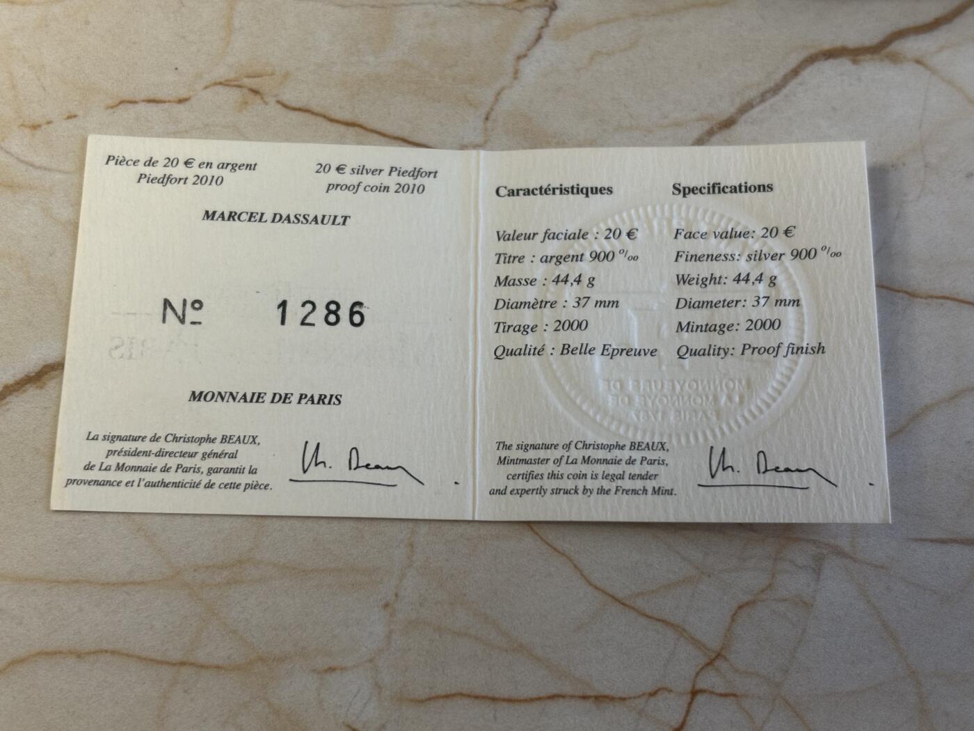 第186期拍卖 法国2010年马塞尔•达索飞机研制精制加厚纪念银币，900银，44.4克，发行2000枚