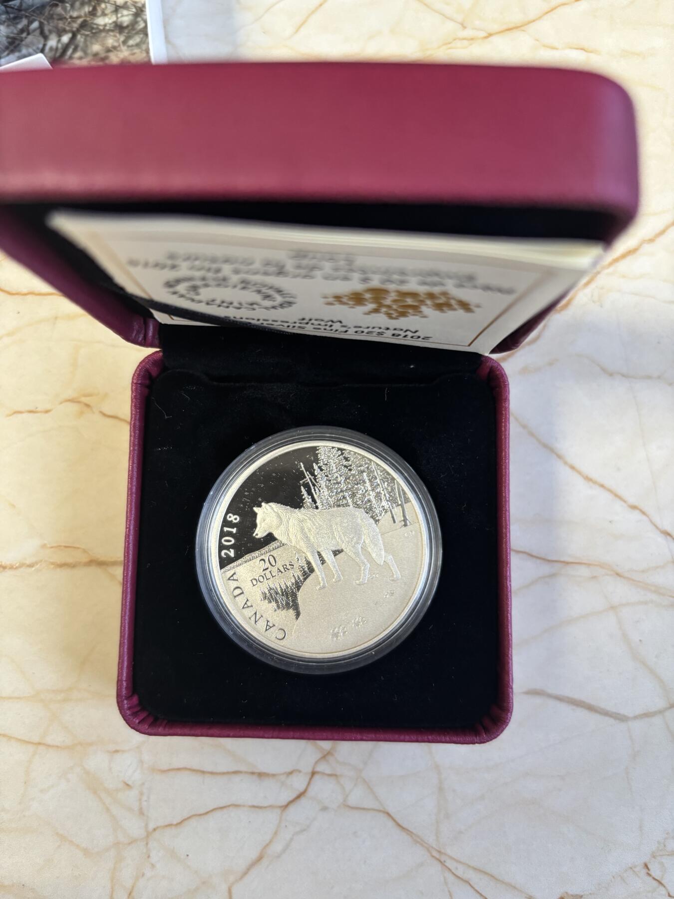 第186期拍卖 加拿大2018年大自然的印象系列3北美狼脚印银币，9999银，发行5500枚