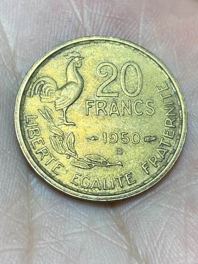 2025年第一百三十六场(总第一百六十二场）外国好品纸夹散币场(免佣金) - 法兰西第四共和国1950年20法郎(头像后单排字，4 plumes–4羽版，B标博蒙莱罗热造，首发年)