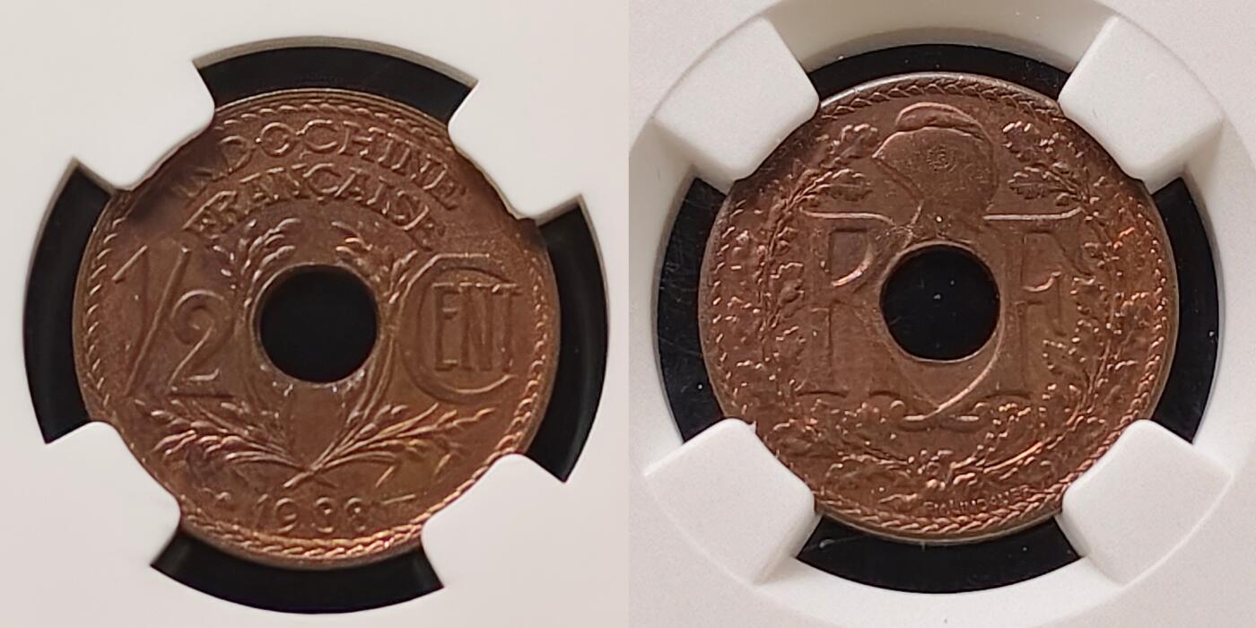 【全场包邮】纯粹捡漏拍487场（免费代拍第24场） 法属印支1938-1941年1/2分-1分-5分小面值3枚一组-1/2分MS63+1分MS64+5分MS63