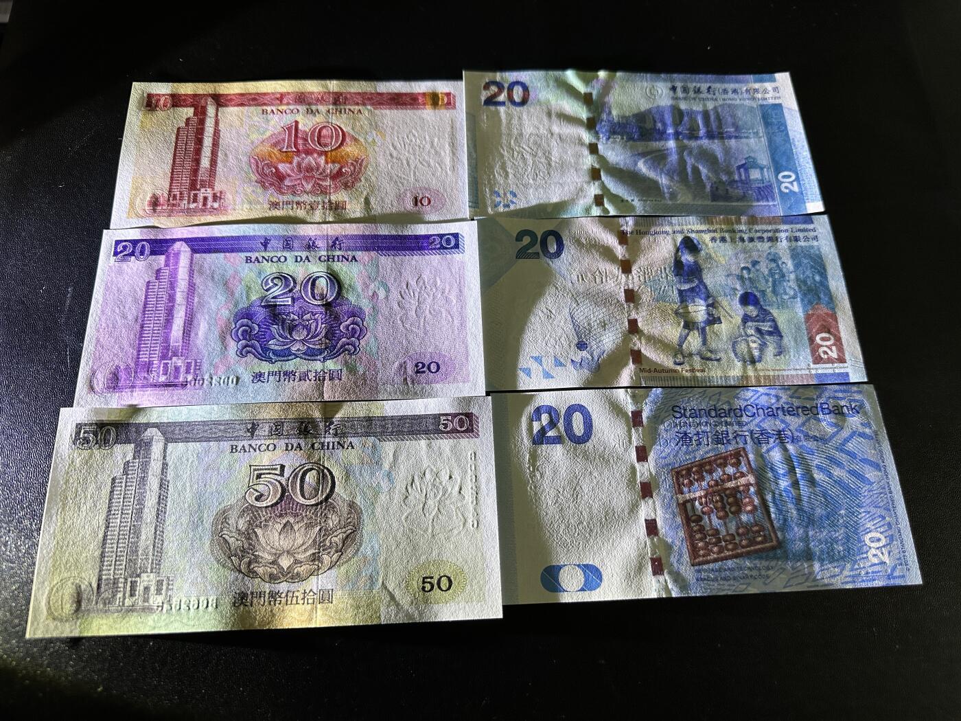 《外钞收藏家》第五百九十四期（畅拍场）（本平台长期征集拍品、欢迎藏友们联系合作） 澳门中国银行10（有轻微潮点）、50、100元 小套 稀少签名+香港3个银行20元 豹子号555 六张一起 全新UNC