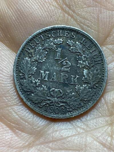 2025年第一百三十七场(总第一百六十三场）外国好品散币场(免佣金) - 德意志帝国1906年1/2马克银币(威廉二世时期，F标斯图加特造，900高银)