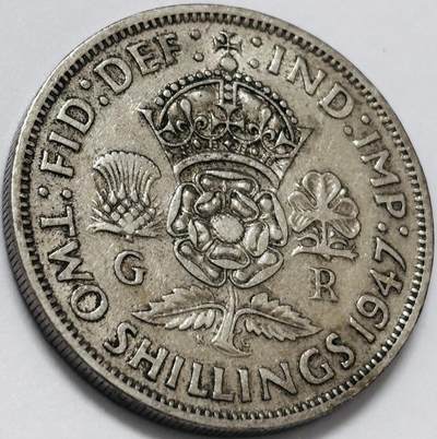 文馨钱币收藏第 285 场，【 长期接收代拍品】银币，评级币，散币场 - 1947 年英国乔治六世 2 先令，首发版只发行两年