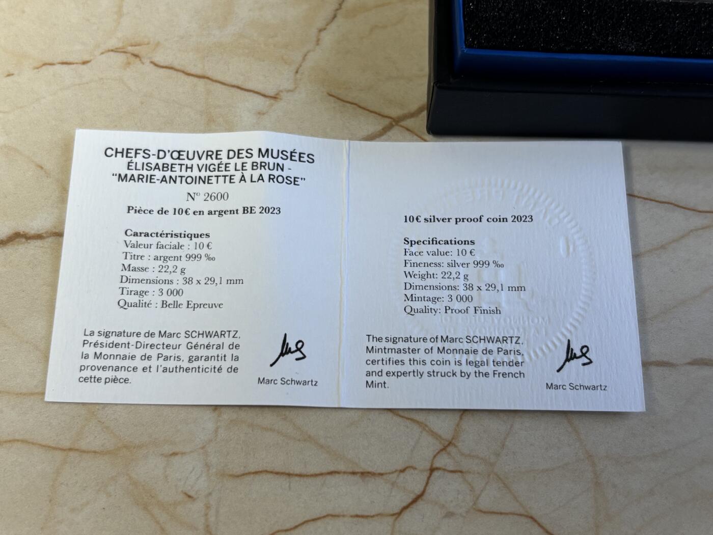 第186期拍卖 法国2023年卢浮宫杰作安托瓦内特王后与玫瑰彩银币，999银，22.2克，发行3000枚