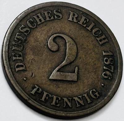 文馨钱币收藏第 285 场，【 长期接收代拍品】银币，评级币，散币场 - 1876 年德意志帝国 2 芬尼短翅鹰铜币 A 厂第一版