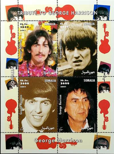 ↓君缘收藏681期☞钱币邮品↓无佣金、可寄存、满30元包邮  - 索马里邮票，2001年英国摇滚乐队“披头士”成员 吉他手歌手及词曲作者乔治·哈里森邮票小版张