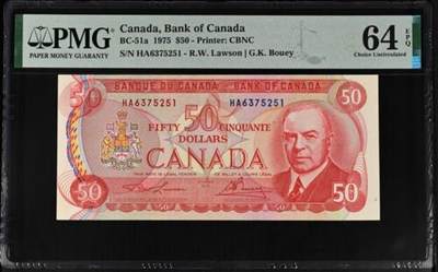 【礼羽收藏】🌏世界钱币拍卖第116期 - 1975年加拿大50元，PMG64E，HA首发冠，号码无4，居中较差导致低评