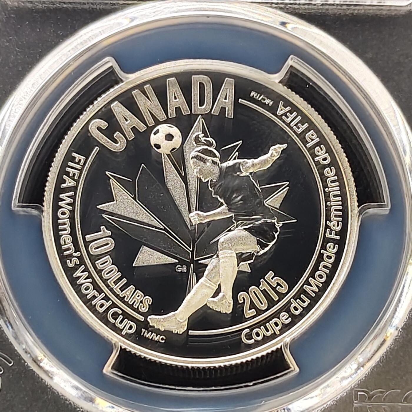 【全场包邮】纯粹捡漏拍487场（免费代拍第24场） 【收藏级·冠军分】加拿大2015年10元女足世界杯头球精制纪念银币-PCGS PR69 DCAM