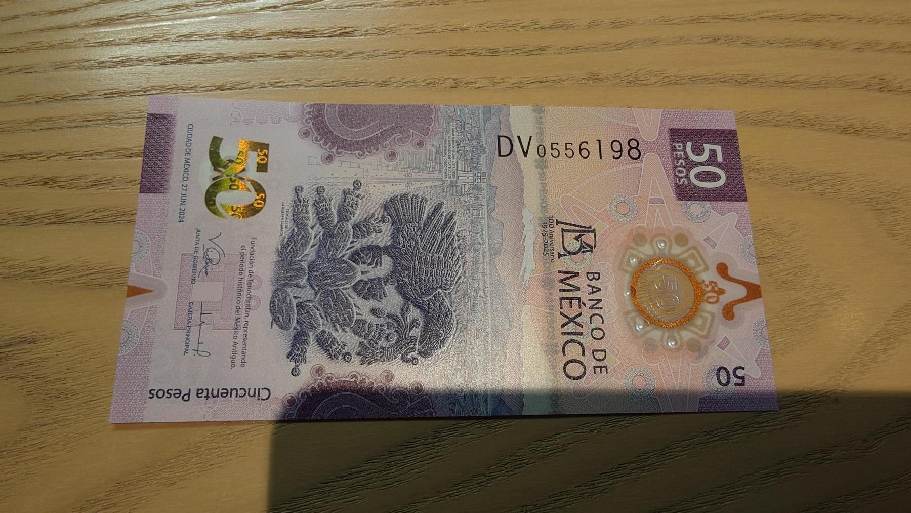 世界钱币～微拍第220期暨2025年第60期  最新货品（群里先挑剩）选购 2025年墨西哥50元塑料纪念钞 全新绝品号码DV0556198