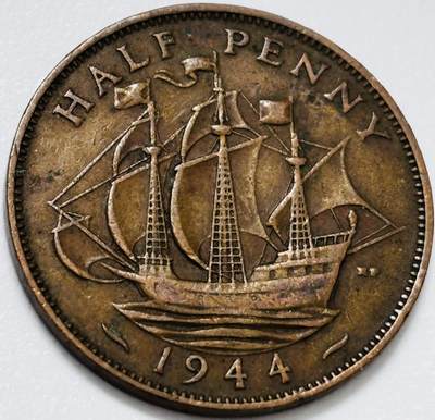文馨钱币收藏第 285 场，【 长期接收代拍品】银币，评级币，散币场 - 1944 年英国乔治六世半便士铜币