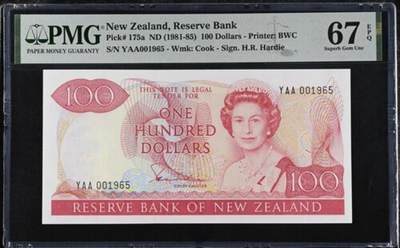 【礼羽收藏】🌏世界钱币拍卖第116期 - 1981-1985年新西兰100元花冠女王，PMG67E亚军分，仅6张更高分，首发冠号码无2347千位号年份号