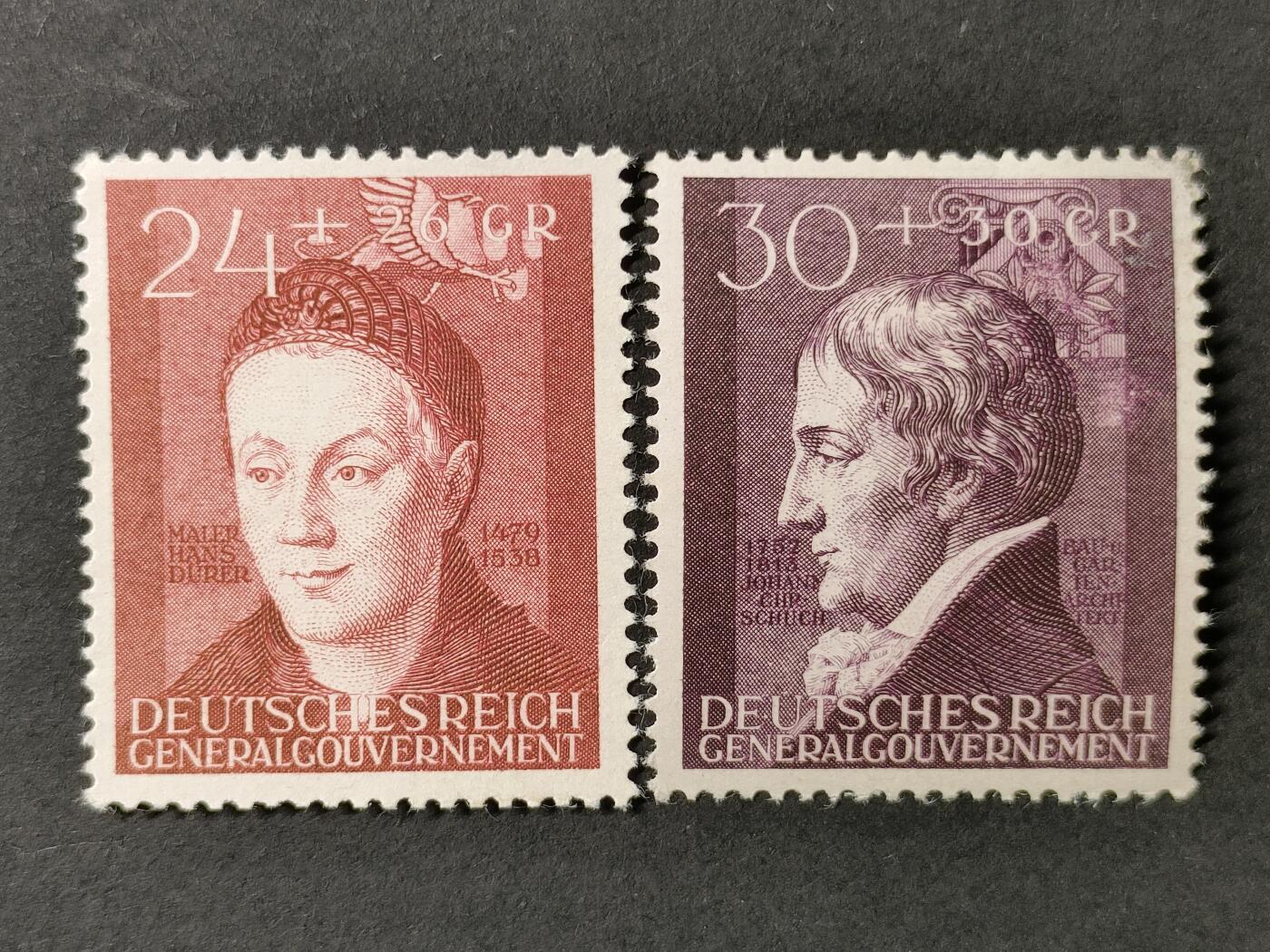 ↓君缘收藏681期☞钱币邮品↓无佣金、可寄存、满30元包邮  德占波兰邮票，1942年文化传承者(丢勒绘画青年男子肖像,建筑师约翰·舒赫)雕刻版