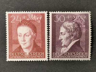 ↓君缘收藏681期☞钱币邮品↓无佣金、可寄存、满30元包邮  - 德占波兰邮票，1942年文化传承者(丢勒绘画青年男子肖像,建筑师约翰·舒赫)雕刻版