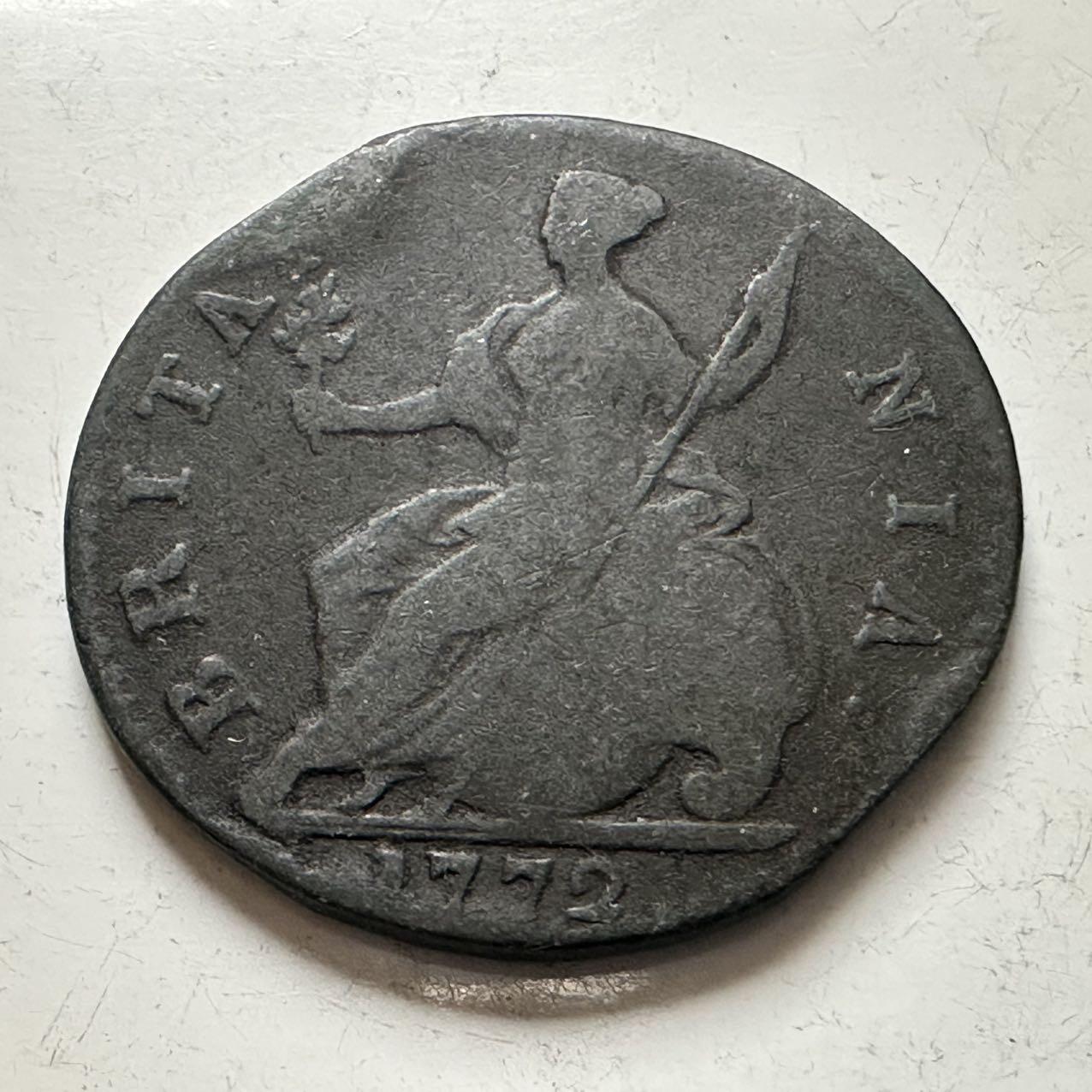 🌹外币初藏🌹🐯2025年第141场  每周二四六晚8️⃣点 接代拍 英国1772年乔治三世半便士铜币 最大直径29.5毫米