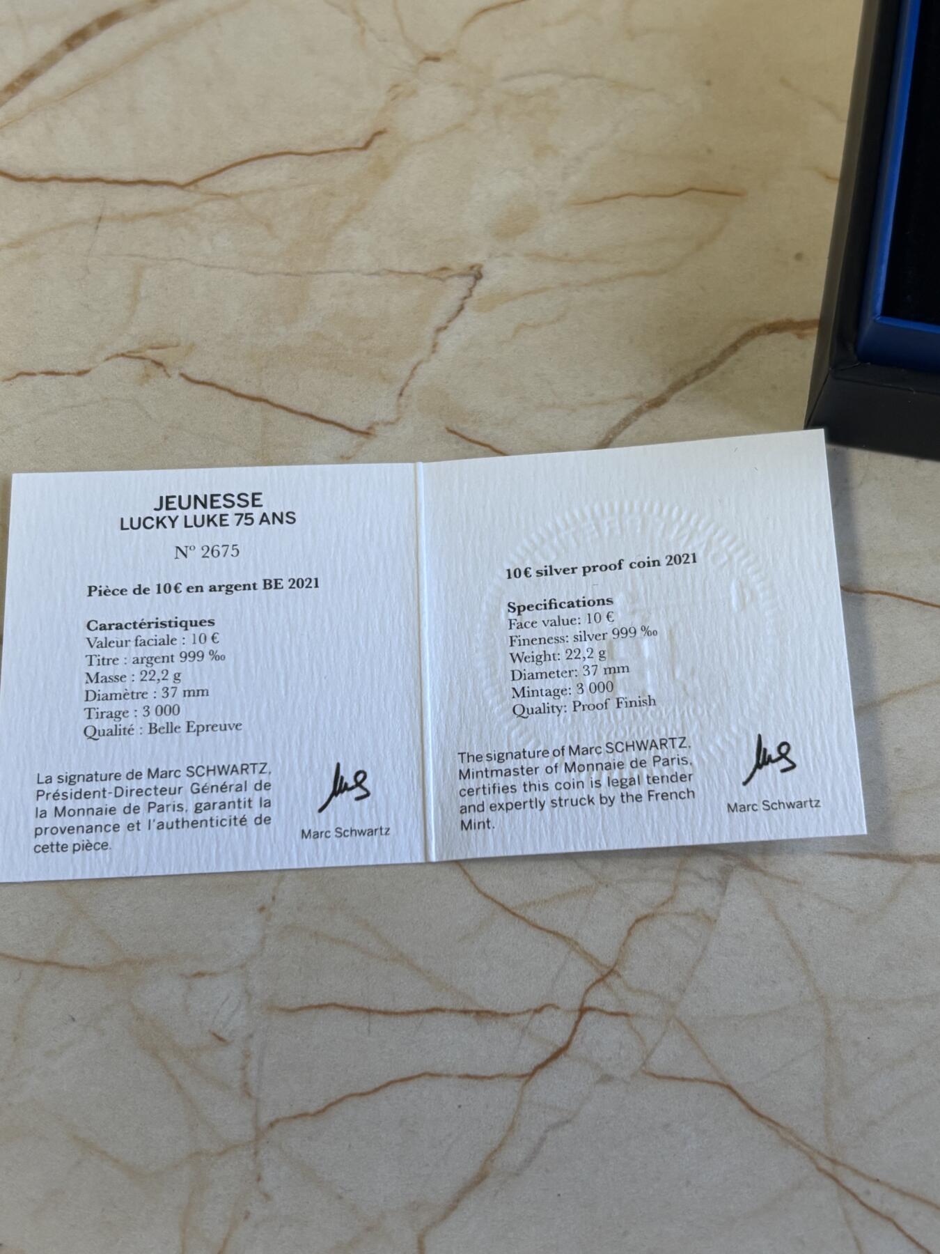 第186期拍卖 法国2021年幸运的路克75周年高棉牛仔10欧元纪念银币，999银，22.2克，发行3000枚，有氧化