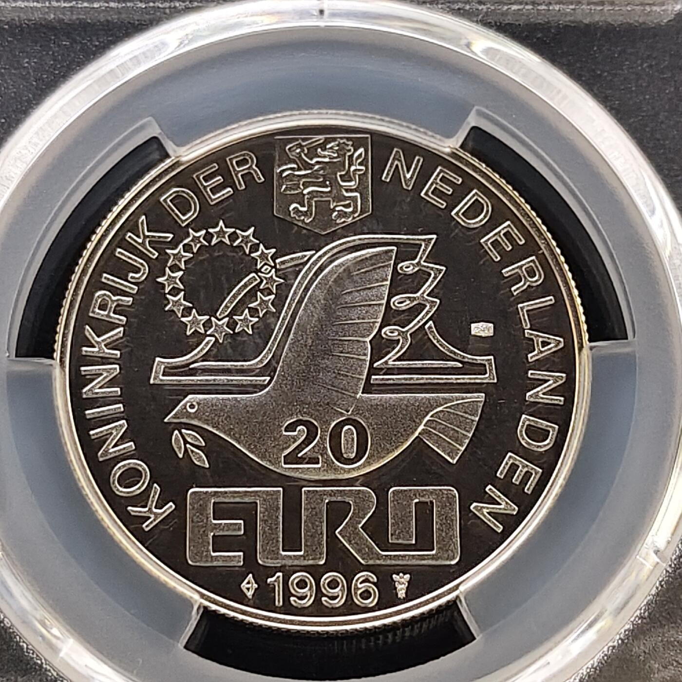 【全场包邮】纯粹捡漏拍487场（免费代拍第24场） 【收藏级·冠军分】荷兰1996年20欧诗人惠更斯诞生400周年精制纪念银币-PCGS PL68