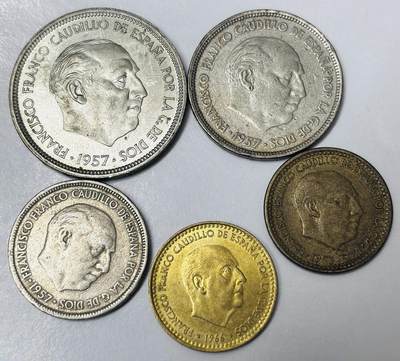 文馨钱币收藏第 285 场，【 长期接收代拍品】银币，评级币，散币场 - 少见 1953-1957-1966 年西班牙独裁者佛朗哥 1-5-25-50 比塞塔一套，含原光品相 50 比塞塔大币
