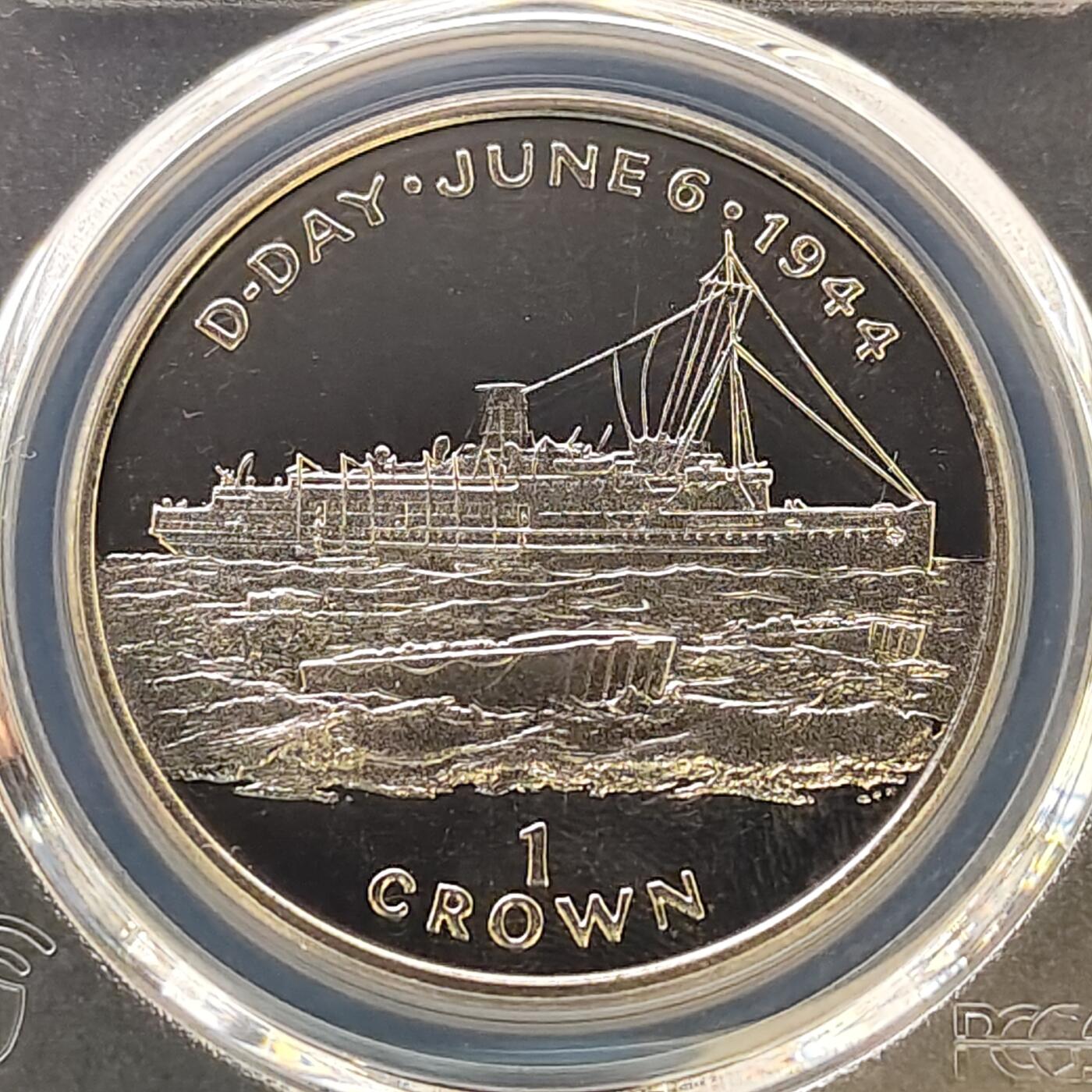 【全场包邮】纯粹捡漏拍487场（免费代拍第24场） 【收藏级·冠军分】马恩岛1994年1克朗D-DAY日50周年登陆舰克朗型纪念币-PCGS MS66