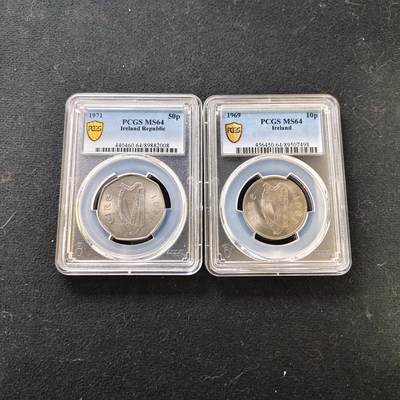 【全场包邮】纯粹捡漏拍487场（免费代拍第24场） - 【收藏级·亚军分】爱尔兰1969/1971年10/50便士2枚一组-PCGS MS64（2枚均是亚军分，更高分各仅有1枚）