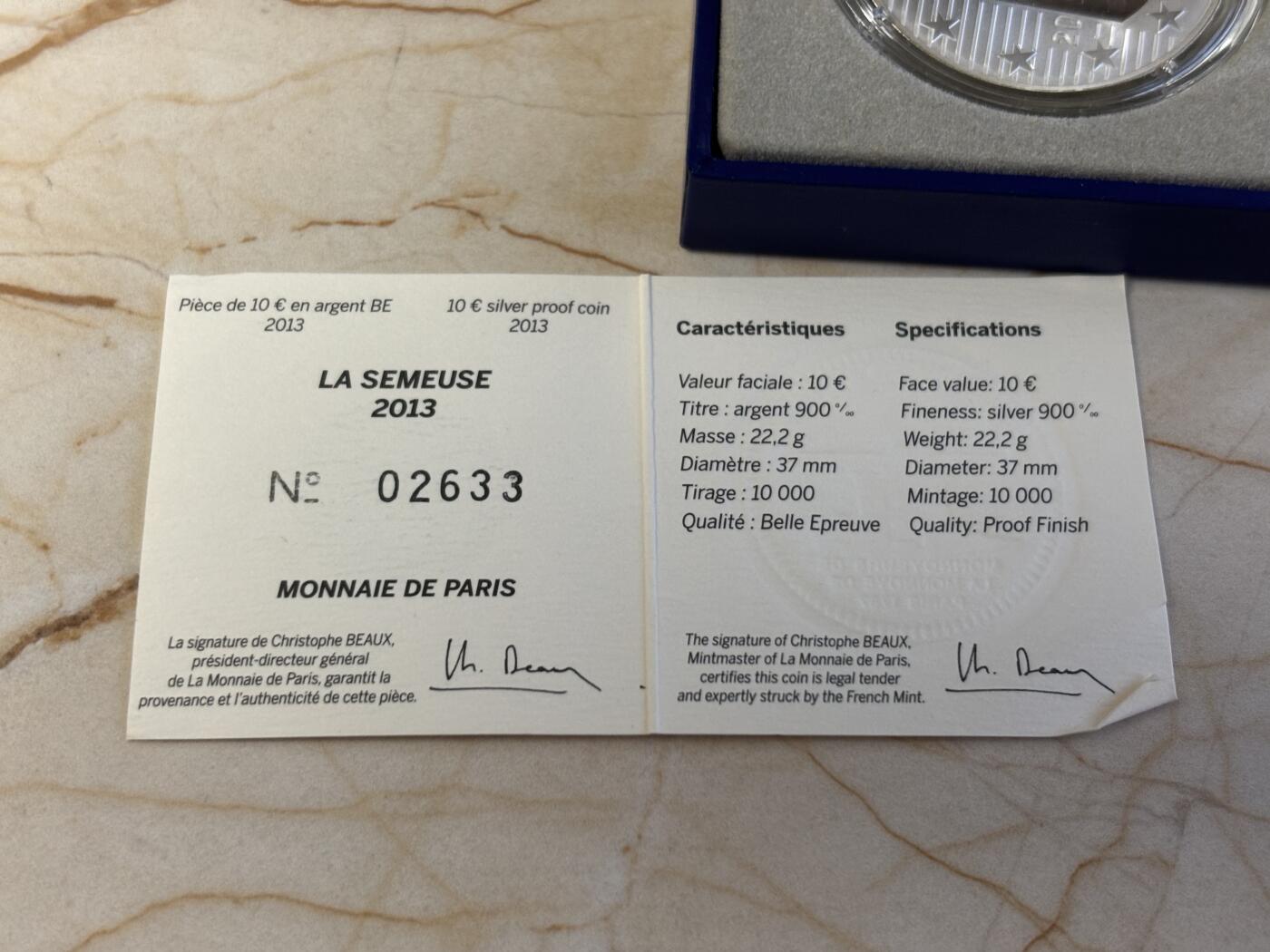 第186期拍卖 法国2013年货币历史系列巴黎造币厂40周年纪念银币，900银，27克，发行10000枚
