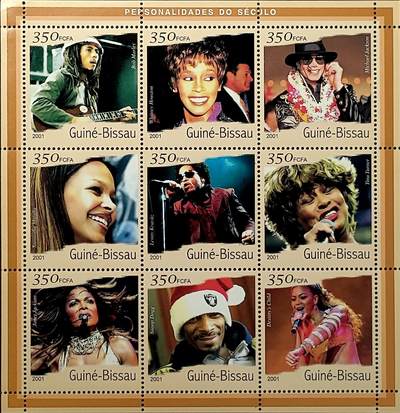 ↓君缘收藏681期☞钱币邮品↓无佣金、可寄存、满30元包邮  - 几内亚比绍邮票，2001年音乐领域知名艺人(鲍勃·马利,惠特妮·休斯顿,迈克尔·杰克逊等)邮票版张