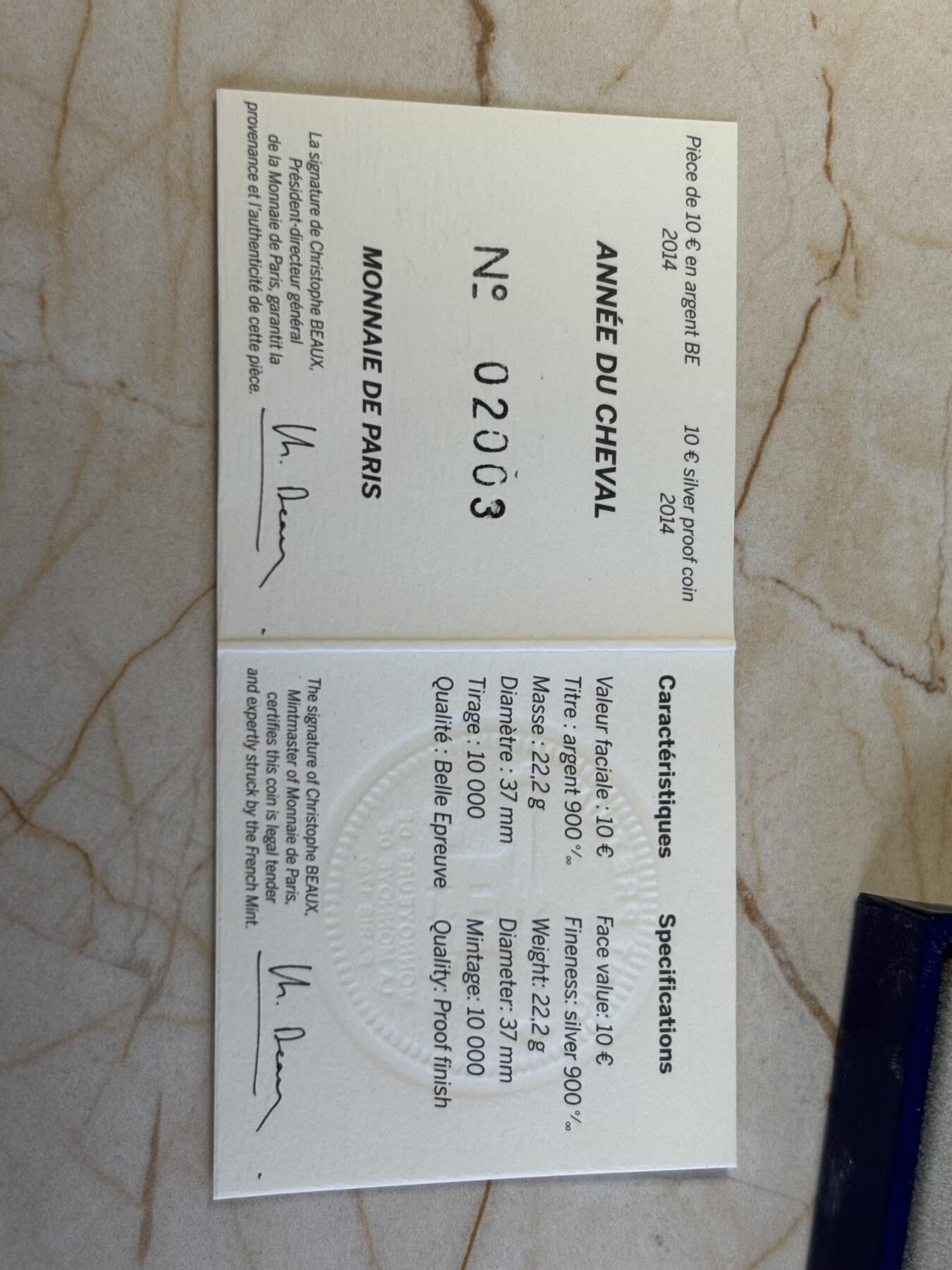 第186期拍卖 法国2014年中国生肖系列9马年精制10欧纪念银币，900银，22.2克，发行10000枚，有氧化