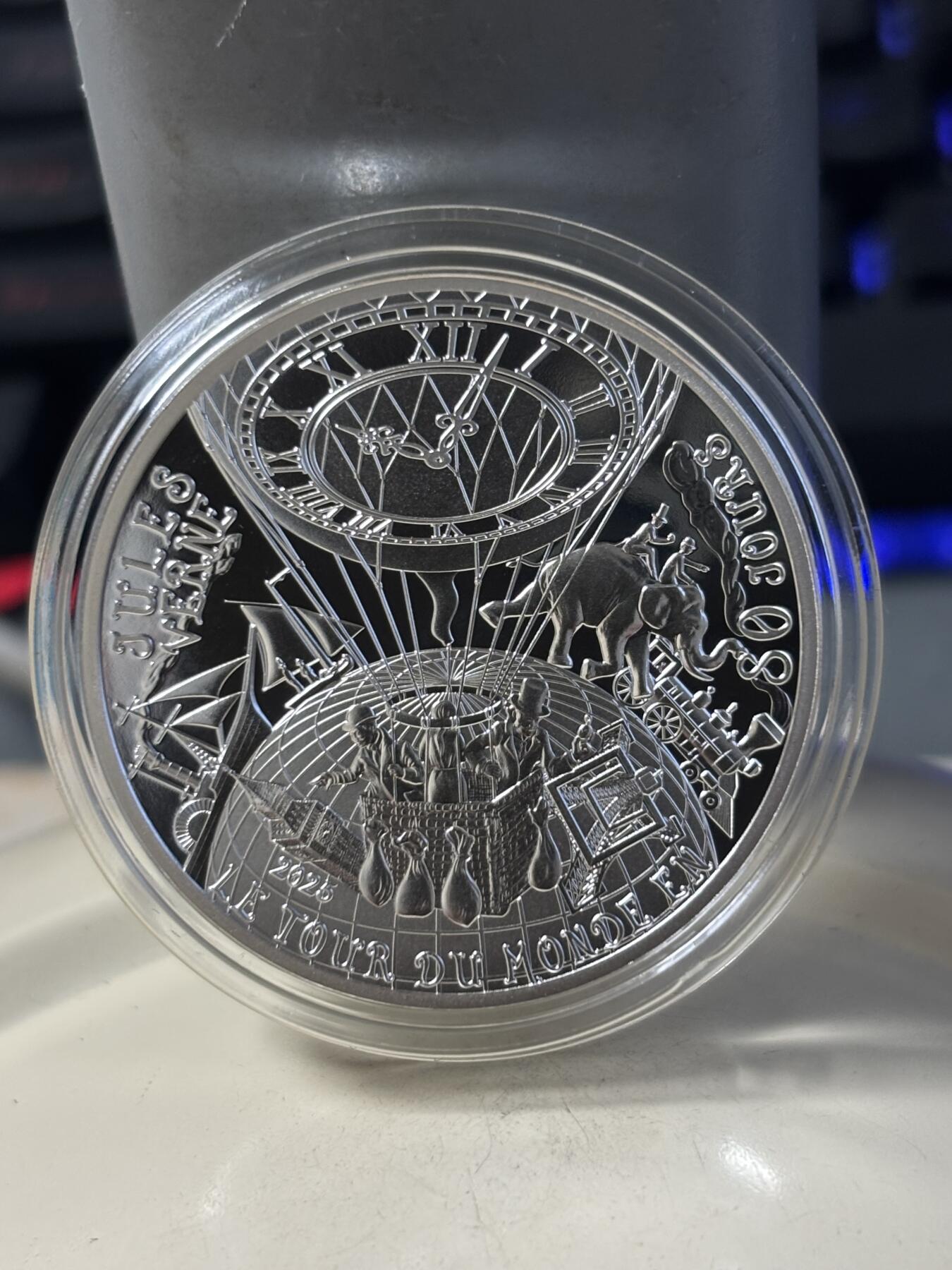 第186期拍卖 法国2025年儒勒凡尔纳120周年环游世界80天10欧纪念银币，999银，22.2克，发行2500枚