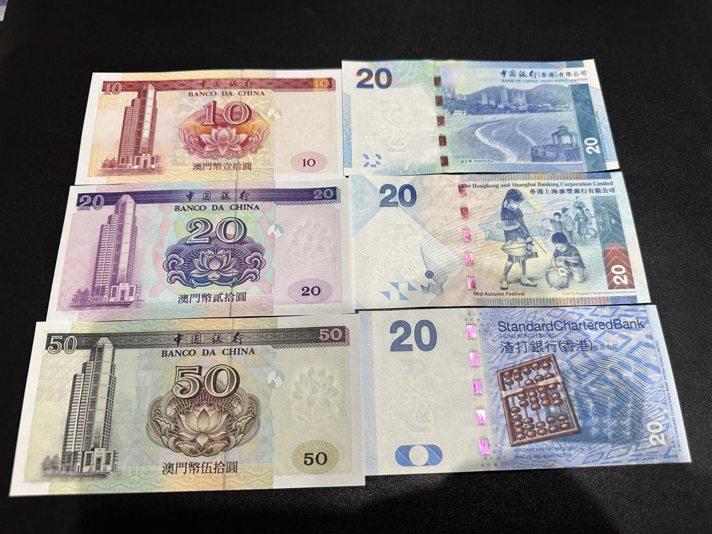 《外钞收藏家》第五百九十四期（畅拍场）（本平台长期征集拍品、欢迎藏友们联系合作） 澳门中国银行10（有轻微潮点）、50、100元 小套 稀少签名+香港3个银行20元 豹子号555 六张一起 全新UNC