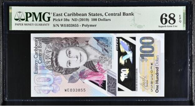 【礼羽收藏】🌏世界钱币拍卖第116期 2019年东加勒比100元，PMG68E季军分，仅7张更高分，WE首发冠号码无47双尾