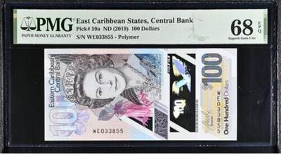 【礼羽收藏】🌏世界钱币拍卖第116期 - 2019年东加勒比100元，PMG68E季军分，仅7张更高分，WE首发冠号码无47双尾