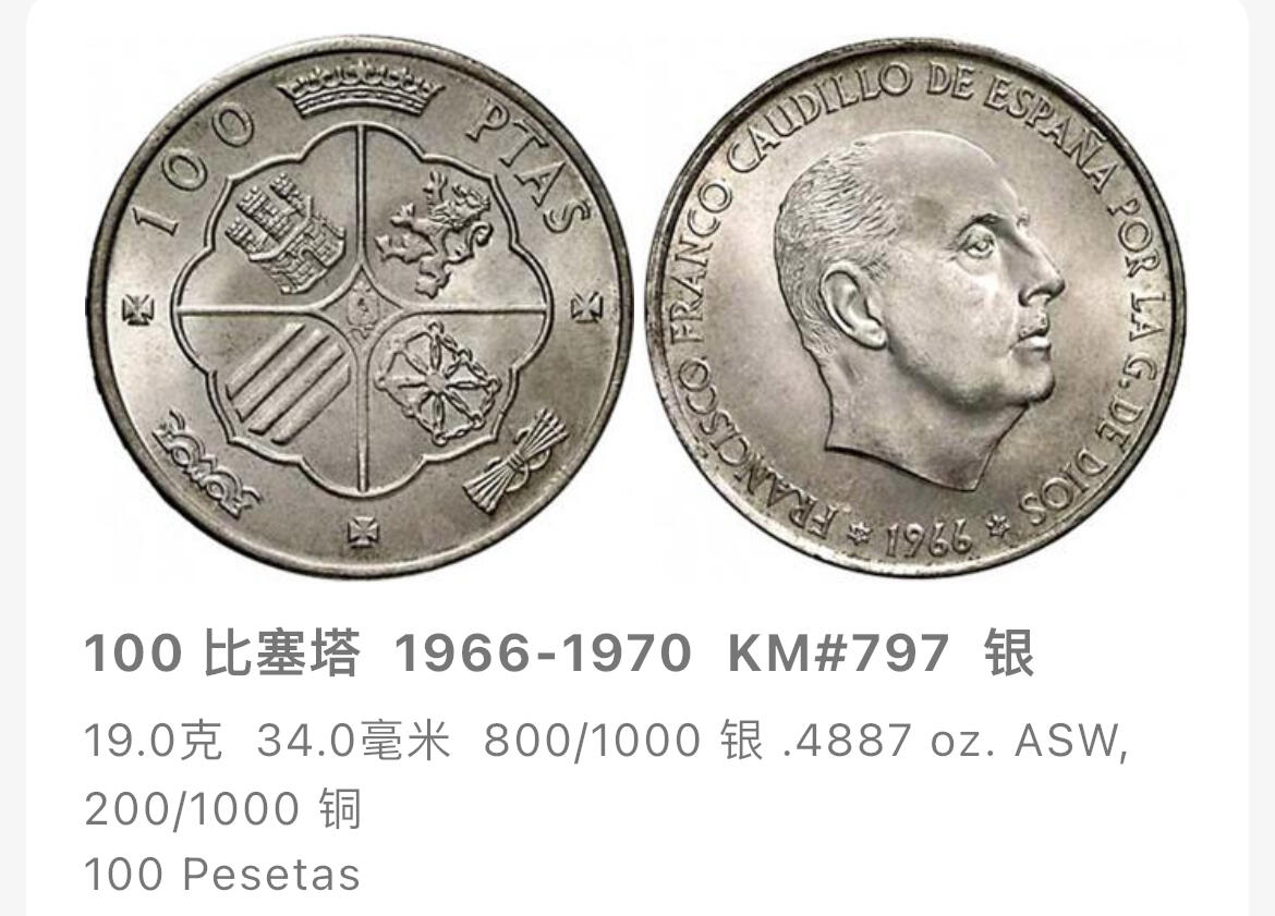 回流1215 西班牙1966年100比塞塔银元(独裁者-弗朗哥) 34mm19g