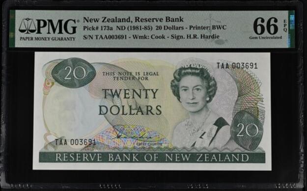 【礼羽收藏】🌏世界钱币拍卖第116期 1981-1985新西兰20元花冠女王，PMG66E，首发冠无47千位号