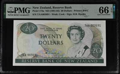 【礼羽收藏】🌏世界钱币拍卖第116期 - 1981-1985新西兰20元花冠女王，PMG66E，首发冠无47千位号