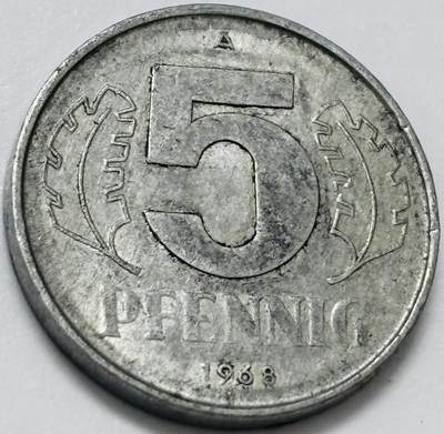 文馨钱币收藏第 285 场，【 长期接收代拍品】银币，评级币，散币场 - 1968 年东德民主 5 芬尼 A 标，首发年，第一版
