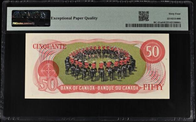 【礼羽收藏】🌏世界钱币拍卖第116期 1975年加拿大50元，PMG64E，HA首发冠，号码无4，居中较差导致低评
