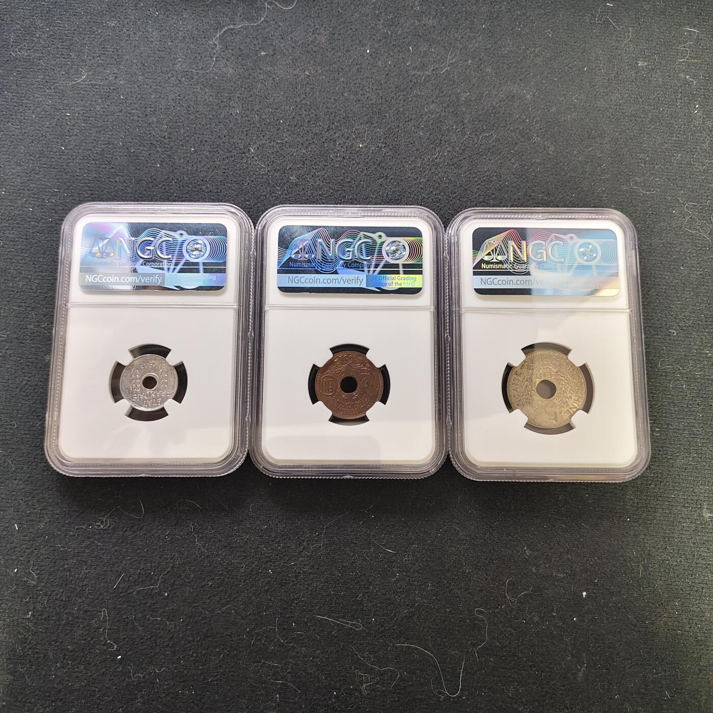 【全场包邮】纯粹捡漏拍487场（免费代拍第24场） 法属印支1938-1941年1/2分-1分-5分小面值3枚一组-1/2分MS63+1分MS64+5分MS63