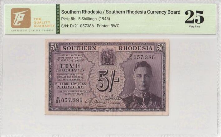 【礼羽收藏】🌏世界钱币拍卖第116期 1945罗德西亚5先令，背面有字迹