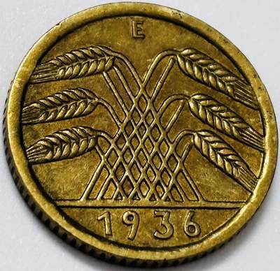 文馨钱币收藏第 285 场，【 长期接收代拍品】银币，评级币，散币场 - 1936 年魏玛德国 5 芬尼铜币 E 标，关门年