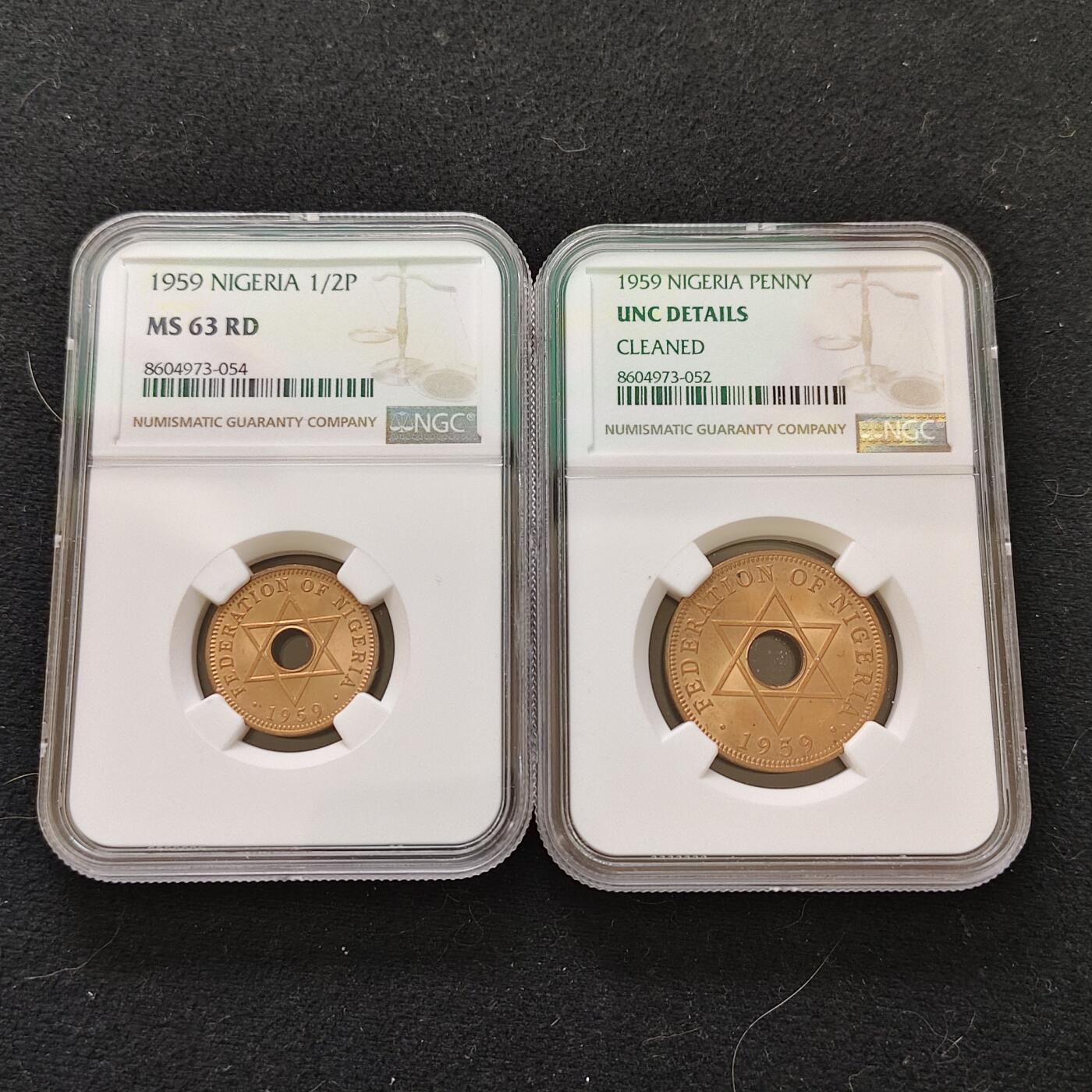 【全场包邮】纯粹捡漏拍487场（免费代拍第24场） 尼日利亚1959年1/2分-1分铜币2枚一组-1/2分MS63+1分UNC DETAILS