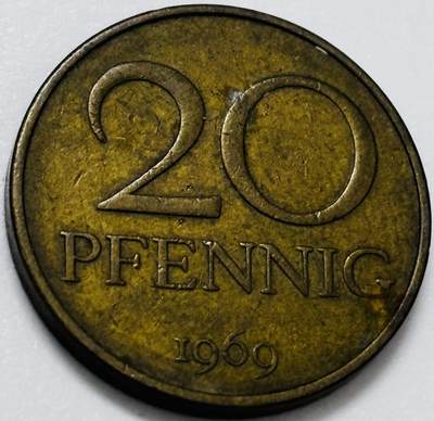 文馨钱币收藏第 285 场，【 长期接收代拍品】银币，评级币，散币场 - 1969 年东德民主 20 芬尼铜币，第一版首发年