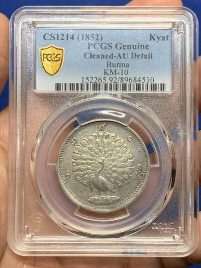 《竞宝斋》第448场 周日，周一，2场连拍 （全场包邮） - PCGS AUD 缅甸1852年孔雀1KYAT银币