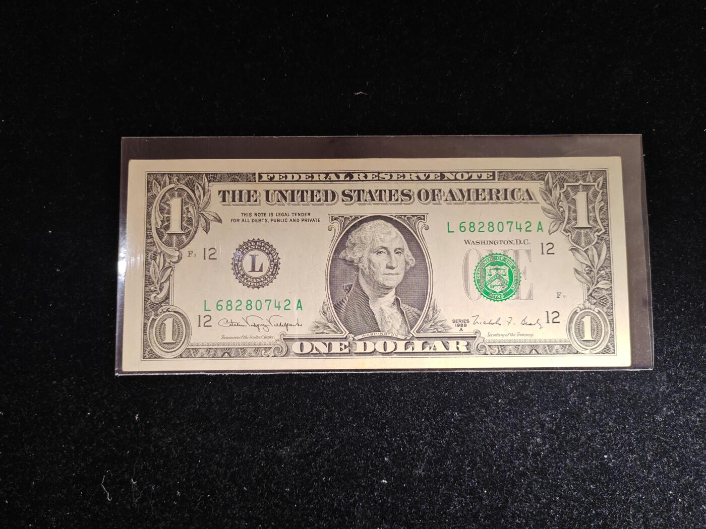 美国纸币 1988年 1美元 L区 非全新好品